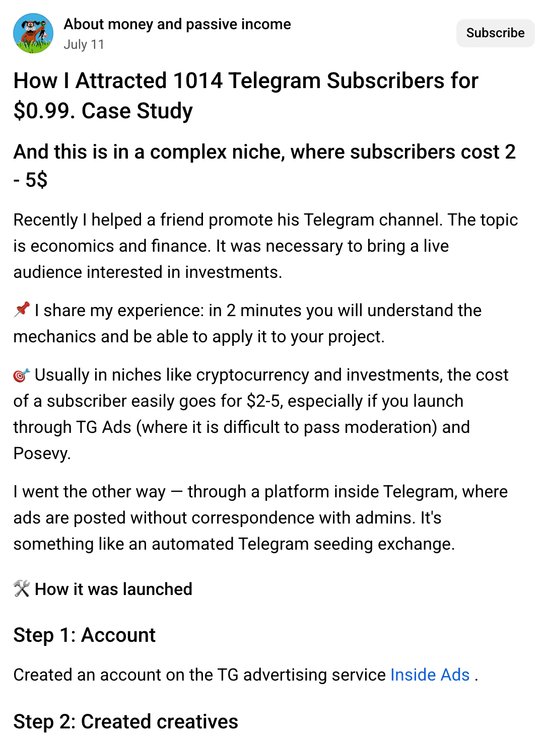 How I Attracted 1014 Telegram Subscribers for $0.99. Case Study